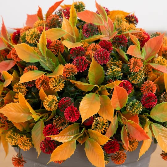 15.5" UV Resistant Autumn Artificial Mixed Fall Mum in Decorative Gray Planter